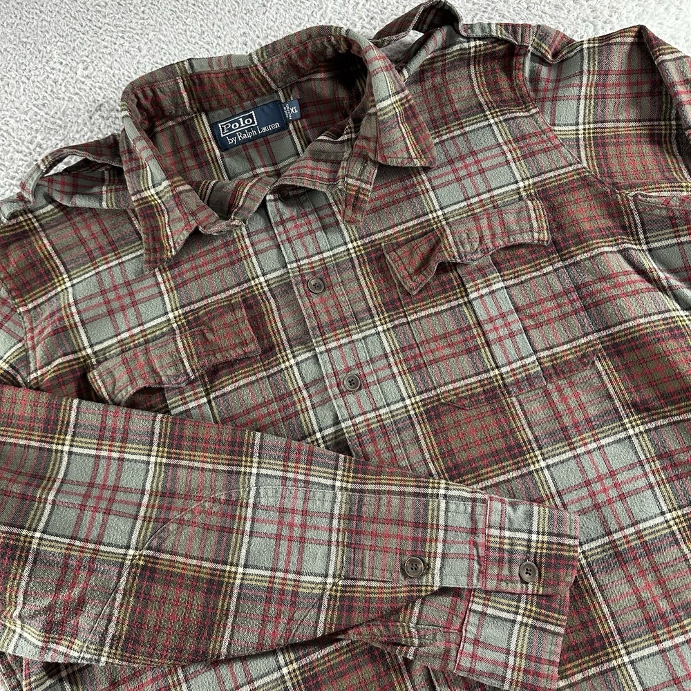 VINTAGE Polo Ralph Lauren Camp Shirt Mens XL Plaid Epaulette Button Up‎